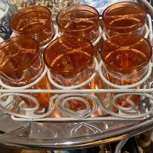 Set of 8 Orange Glasses with Holder, Vintage